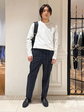 「DRESSTERIOR（ドレステリア）の【接触冷感/UVカット/抗菌防臭/しわ防止】クールデオドラント ロングTシャツ（T恤、ホワイト系）」を使った、がくさん（メンズ・172cm）の春コーディネート