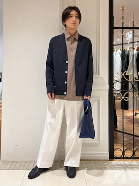 「DRESSTERIOR（ドレステリア）の【接触冷感/セットアップ可】ドライタッチ ハイカウントカットソー カーディガン（針織衫/披肩、ブルー系）」を使った、がくさん（メンズ・172cm）の春コーディネート