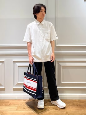 「DRESSTERIOR（ドレステリア）の【接触冷感/抗菌防臭/消臭/Safari5月号掲載】ICE CLEAR COTTON オーバーフィットポロシャツ（ポロシャツ、ホワイト系）」を使った、がくさん（メンズ・172cm）の夏コーディネート