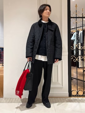 「DRESSTERIOR（ドレステリア）のキルティング ハンティングジャケット（短外套、ブラック系）」を使った、がくさん（メンズ・172cm）の冬コーディネート