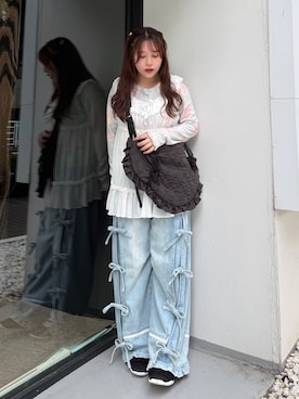 「merry jenny（メリージェニー）のbouquetワッフルトップス（Tシャツ/カットソー、グリーン系）」を使った、ponさん（レディース・153cm）の夏コーディネート