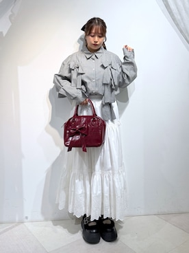 「merry jenny（メリージェニー）のbow ribbon gift bag（ハンドバッグ、レッド系）」を使った、ponさん（レディース・153cm）の秋コーディネート