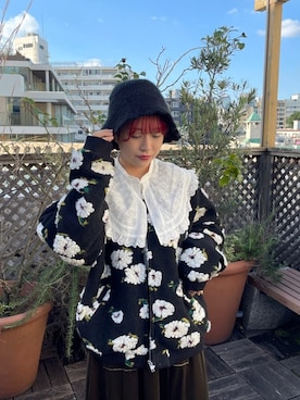「merry jenny（メリージェニー）のfluffy pattern jacket（その他アウター）」を使った、ponさん（レディース・153cm）の秋コーディネート
