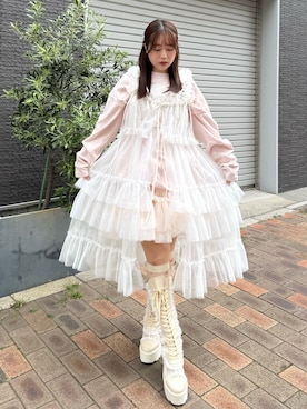 「merry jenny（メリージェニー）のレースアップレースブーツ（ブーツ、ホワイト系）」を使った、ponさん（レディース・153cm）の春コーディネート