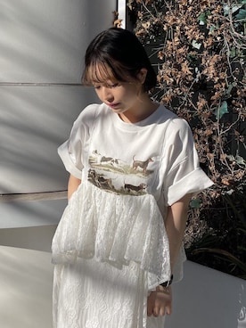 「merry jenny（メリージェニー）のlace laceストラップロングスカート（スカート）」を使った、ponさん（レディース・153cm）の春コーディネート