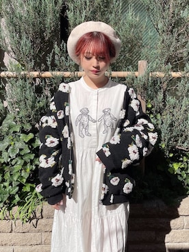 「merry jenny（メリージェニー）のfluffy pattern jacket（その他アウター）」を使った、ponさん（レディース・153cm）の秋コーディネート