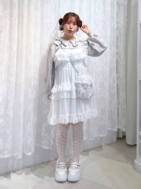 「merry jenny（メリージェニー）のダブルリボンカラーブラウス（シャツ/ブラウス、グレー系）」を使った、ponさん（レディース・153cm）の夏コーディネート