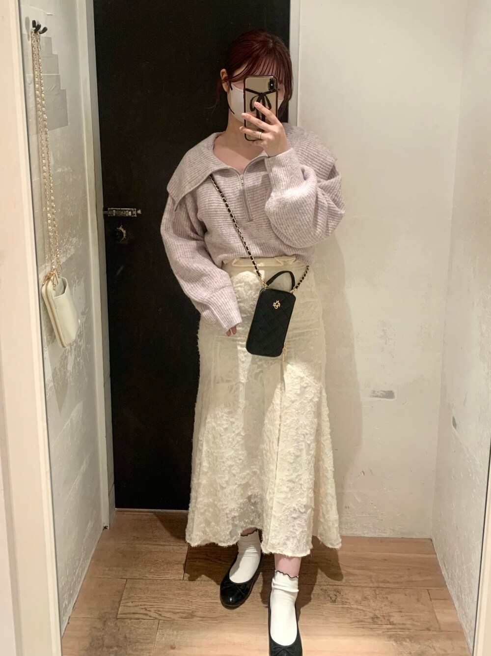 「デート、オトナ女子、キレイめ、セーラー襟、マーメイドスカート、バレエシューズ、ニット、秋冬コーデ、ゆるコーデ、淡色コーデ、ディズニーコーデ、紫、ハーフジップ、プチプラ、大人ガーリー」｜「one after another NICE CLAUPのハーフジップセーラーカラーニット（ニット/セーター、ピンク系）」を使った、おのぴさん（レディース・160cm）の秋コーディネートの1枚目の写真