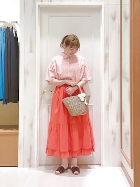 「ギンガムチェック」｜「アイテム（スカート、ピンク系）」を使った、ハタケヤマさん（レディース・163cm）の春コーディネート