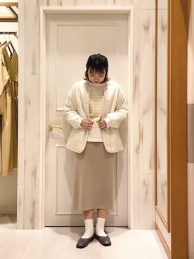 「ボーダーニット」｜「アイテム（ノーカラージャケット）」を使った、ハタケヤマさん（レディース・163cm）の冬コーディネート