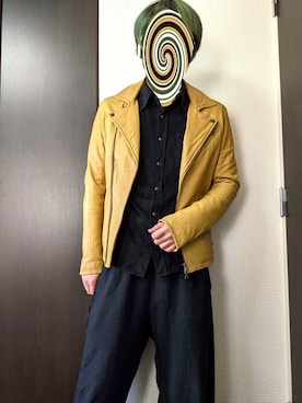 「ベロア」｜「アイテム（ライダースジャケット）」を使った、まばゆいさん（メンズ・177cm）の春コーディネート