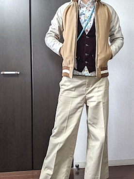 「ベロア」｜「アイテム（スタジャン）」を使った、まばゆいさん（メンズ・177cm）の春コーディネート