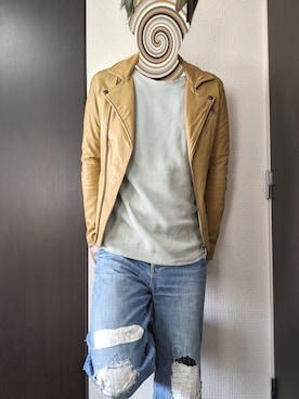 「ワッフル」｜「アイテム（ライダースジャケット）」を使った、まばゆいさん（メンズ・177cm）の春コーディネート