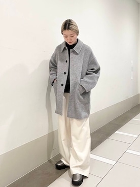 「FORK&SPOON（フォークアンドスプーン）の『WEB/一部店舗限定』FORK&SPOON　アルパカシャギーバルカラーコート（その他アウター、グレー系）」を使った、晴菜さん（レディース・157cm）の秋コーディネート