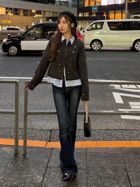 「RAY CASSIN（レイカズン）のナポレオンジャケット（ノーカラージャケット、ブラック系）」を使った、RAYCASSIN_officialさん（レディース・158cm）の秋コーディネート