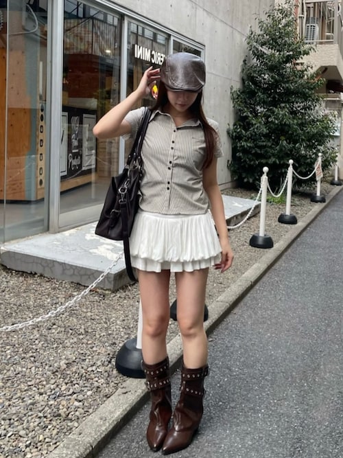 【7色展開  ラインストーン / ドット/ ストライプ / チェック】胸刺繍コンパクト半袖シャツ