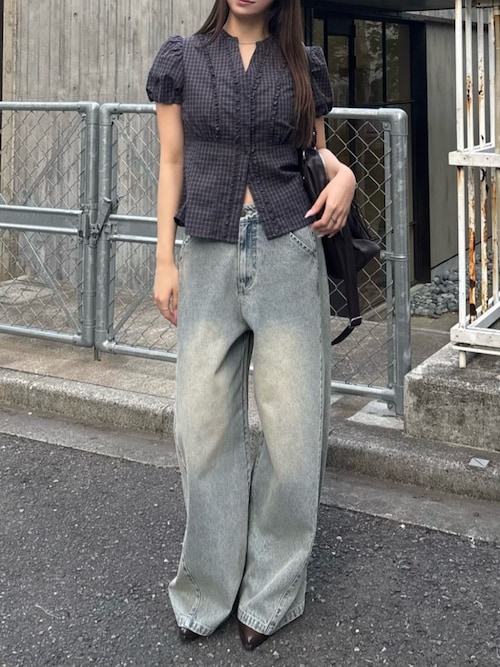 【2サイズ展開 / ウエスト調節可】スタッズ付ワイドデニム