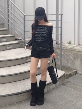 「RAY CASSIN（レイカズン）のカバーロングブーツ（ブーツ、ブラック系）」を使った、RAYCASSIN_officialさん（レディース・158cm）の秋コーディネート