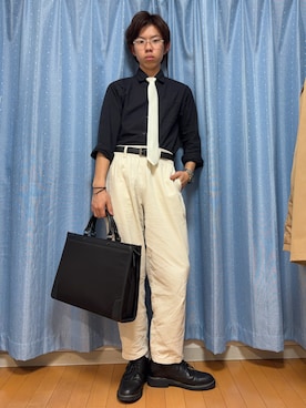 「無印良品（ムジルシリョウヒン）の紳士　洗いざらしブロード長袖シャツ（シャツ/ブラウス、ブラック系）」を使った、わいくんさん（メンズ・167cm）の春コーディネート