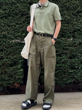 「FRED PERRY（フレッドペリー）の【FRED PERRY】The Twin Topped Fred Perry Shirt M3600（ポロシャツ、グリーン系）」を使った、すなさん（メンズ・166cm）の夏コーディネート