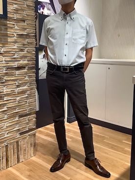 「TOKYO SHIRTS（トウキョウシャツ）の【超形態安定】【吸水速乾】 形態安定ノンアイロン ボタンダウン 半袖ビジネスワイシャツ（ビジネスシャツ、グリーン系）」を使った、BRICK HOUSE by Tokyo Shirts 名古屋茶屋イオンモール店さん（メンズ・173cm）の夏コーディネート