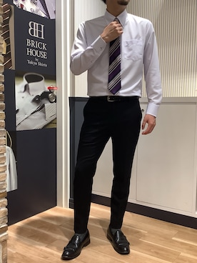 「TOKYO SHIRTS（トウキョウシャツ）のネクタイ 絹100% シャイニーサテン ビジネス フォーマル（ネクタイ、パープル系）」を使った、BRICK HOUSE by Tokyo Shirts 名古屋茶屋イオンモール店さん（メンズ・173cm）の夏コーディネート