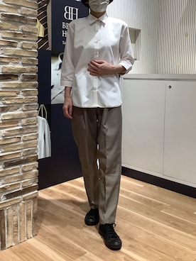 「TOKYO SHIRTS（トウキョウシャツ）の形態安定ノンアイロン ワイド 7分袖ビジネスワイシャツ（ビジネスシャツ、オレンジ系）」を使った、BRICK HOUSE by Tokyo Shirts 名古屋茶屋イオンモール店さん（メンズ・173cm）の春コーディネート