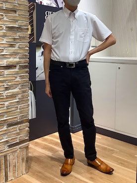「TOKYO SHIRTS（トウキョウシャツ）の形態安定ノンアイロン ボタンダウン 半袖ビジネスワイシャツ（ビジネスシャツ、パープル系）」を使った、BRICK HOUSE by Tokyo Shirts 名古屋茶屋イオンモール店さん（メンズ・173cm）の春コーディネート
