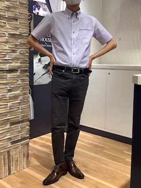 「TOKYO SHIRTS（トウキョウシャツ）の【超形態安定】【吸水速乾】 形態安定ノンアイロン ボタンダウン 半袖ビジネスワイシャツ（ビジネスシャツ、パープル系）」を使った、BRICK HOUSE by Tokyo Shirts 名古屋茶屋イオンモール店さん（メンズ・173cm）の夏コーディネート
