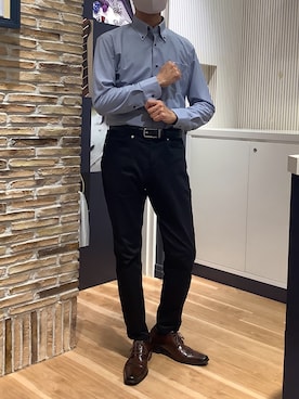 「TOKYO SHIRTS（トウキョウシャツ）の形態安定ノンアイロン ボタンダウン 長袖ストレッチビジネスワイシャツ（ビジネスシャツ、ブルー系）」を使った、BRICK HOUSE by Tokyo Shirts 名古屋茶屋イオンモール店さん（メンズ・173cm）の夏コーディネート