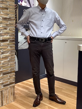 「TOKYO SHIRTS（トウキョウシャツ）の【超形態安定】 形態安定ノンアイロン ボタンダウン 長袖ビジネスワイシャツ（ビジネスシャツ、ブルー系）」を使った、BRICK HOUSE by Tokyo Shirts 名古屋茶屋イオンモール店さん（メンズ・173cm）の夏コーディネート