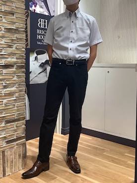 「TOKYO SHIRTS（トウキョウシャツ）の【超形態安定】【接触冷感】形態安定ノンアイロン ドゥエボットーニ 半袖ビジネスワイシャツ（ビジネスシャツ、グレー系）」を使った、BRICK HOUSE by Tokyo Shirts 名古屋茶屋イオンモール店さん（メンズ・173cm）の夏コーディネート