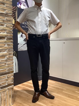 「TOKYO SHIRTS（トウキョウシャツ）の【吸水速乾】 形態安定ノンアイロン ボタンダウン 半袖ビジネスワイシャツ（ビジネスシャツ、ベージュ系）」を使った、BRICK HOUSE by Tokyo Shirts 名古屋茶屋イオンモール店さん（メンズ・173cm）の夏コーディネート