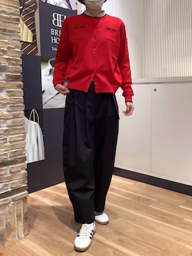 「TOKYO SHIRTS（トウキョウシャツ）のニット アンチピリング 配色ポケット付き カーディガン 長袖 レディース（カーディガン/ボレロ、レッド系）」を使った、BRICK HOUSE by Tokyo Shirts 名古屋茶屋イオンモール店さん（メンズ・173cm）の秋コーディネート