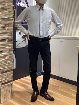 「TOKYO SHIRTS（トウキョウシャツ）の形態安定ノンアイロン ボタンダウン 長袖ストレッチビジネスワイシャツ（ビジネスシャツ、グレー系）」を使った、BRICK HOUSE by Tokyo Shirts 名古屋茶屋イオンモール店さん（メンズ・173cm）の夏コーディネート