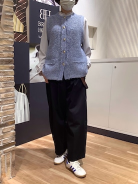 「TOKYO SHIRTS（トウキョウシャツ）のファンシーツイード風 ニットジレ（ベスト、ブルー系）」を使った、BRICK HOUSE by Tokyo Shirts 名古屋茶屋イオンモール店さん（メンズ・173cm）の秋コーディネート