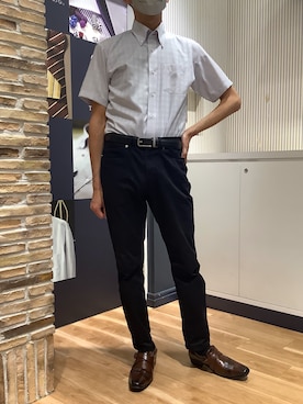 「TOKYO SHIRTS（トウキョウシャツ）の【吸水速乾】 形態安定ノンアイロン ボタンダウン 半袖ビジネスワイシャツ（ビジネスシャツ、グレー系）」を使った、BRICK HOUSE by Tokyo Shirts 名古屋茶屋イオンモール店さん（メンズ・173cm）の夏コーディネート