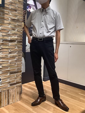 「TOKYO SHIRTS（トウキョウシャツ）の【超形態安定】【吸水速乾】 形態安定ノンアイロン ドゥエボットーニ 半袖ビジネスワイシャツ（ビジネスシャツ、グレー系）」を使った、BRICK HOUSE by Tokyo Shirts 名古屋茶屋イオンモール店さん（メンズ・173cm）の夏コーディネート
