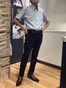 「TOKYO SHIRTS（トウキョウシャツ）の【Layered Cool】【吸水速乾】 形態安定ノンアイロン ボタンダウン 半袖ビジネスワイシャツ（ビジネスシャツ、ブルー系）」を使った、BRICK HOUSE by Tokyo Shirts 名古屋茶屋イオンモール店さん（メンズ・173cm）の夏コーディネート