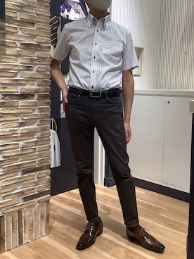 「TOKYO SHIRTS（トウキョウシャツ）の【超形態安定】【吸水速乾】 形態安定ノンアイロン ボタンダウン 半袖ビジネスワイシャツ（ビジネスシャツ、パープル系）」を使った、BRICK HOUSE by Tokyo Shirts 名古屋茶屋イオンモール店さん（メンズ・173cm）の夏コーディネート
