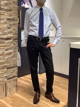 「TOKYO SHIRTS（トウキョウシャツ）の形態安定ノンアイロン ボタンダウン 長袖ビジネスワイシャツ（ビジネスシャツ、ブルー系）」を使った、BRICK HOUSE by Tokyo Shirts 名古屋茶屋イオンモール店さん（メンズ・173cm）の春コーディネート
