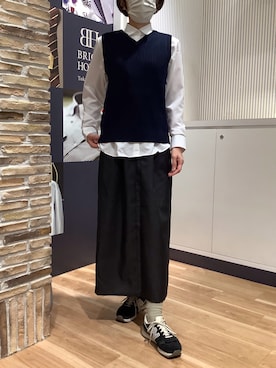 「TOKYO SHIRTS（トウキョウシャツ）のニット アンチピリング Vネック ベスト レディース（ベスト、ブルー系）」を使った、BRICK HOUSE by Tokyo Shirts 名古屋茶屋イオンモール店さん（メンズ・173cm）の秋コーディネート