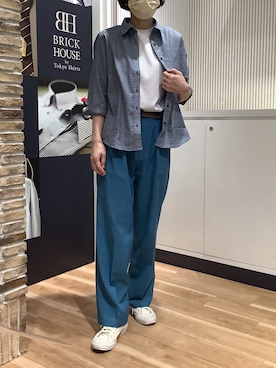「TOKYO SHIRTS（トウキョウシャツ）の【Pitta Re:)】ふわっとガーゼシャツ レギュラーシルエット 七分袖 綿100% レディース カジュアルシャツ（シャツ/ブラウス、ブルー系）」を使った、BRICK HOUSE by Tokyo Shirts 名古屋茶屋イオンモール店さん（メンズ・173cm）の夏コーディネート