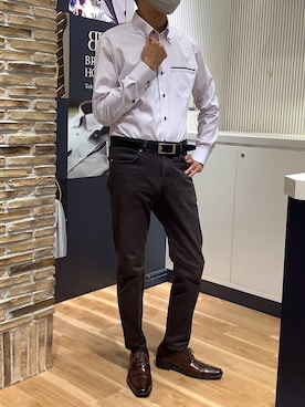 「TOKYO SHIRTS（トウキョウシャツ）の【超形態安定】【吸水速乾】 形態安定ノンアイロン ボタンダウン 長袖ビジネスワイシャツ（ビジネスシャツ、パープル系）」を使った、BRICK HOUSE by Tokyo Shirts 名古屋茶屋イオンモール店さん（メンズ・173cm）の夏コーディネート