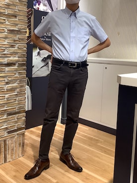 「TOKYO SHIRTS（トウキョウシャツ）の【超形態安定】【吸水速乾】  形態安定ノンアイロン ボタンダウン 半袖ビジネスワイシャツ（ビジネスシャツ、ブルー系）」を使った、BRICK HOUSE by Tokyo Shirts 名古屋茶屋イオンモール店さん（メンズ・173cm）の夏コーディネート