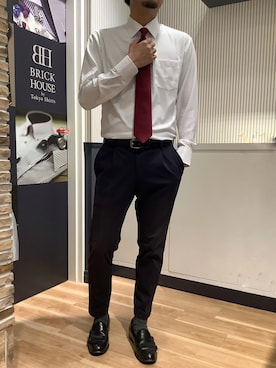 「TOKYO SHIRTS（トウキョウシャツ）の【吸水速乾】【COFREX】形態安定ノンアイロン ワイド 長袖ビジネスワイシャツ（ビジネスシャツ、ホワイト系）」を使った、BRICK HOUSE by Tokyo Shirts 名古屋茶屋イオンモール店さん（メンズ・173cm）の夏コーディネート