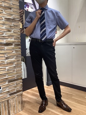 「TOKYO SHIRTS（トウキョウシャツ）の【超形態安定】【吸水速乾】 形態安定ノンアイロン ホリゾンタルワイド 半袖ビジネスワイシャツ（ビジネスシャツ、ブルー系）」を使った、BRICK HOUSE by Tokyo Shirts 名古屋茶屋イオンモール店さん（メンズ・173cm）の夏コーディネート