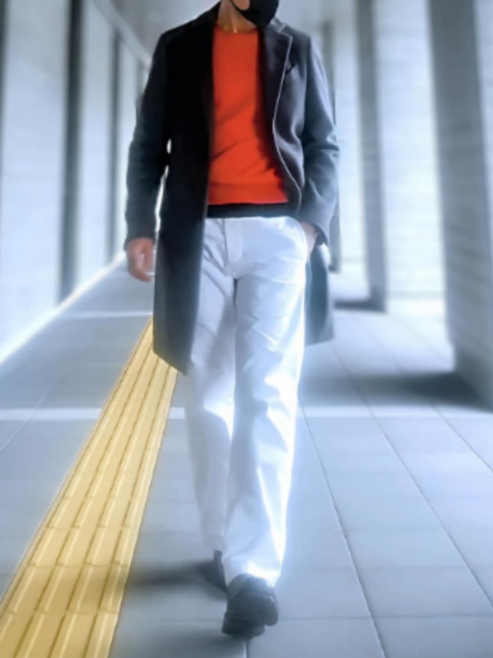 「レイヤードスタイル、ビタミンカラー、オレンジニット、グランサッソ、ワイドパンツ、チェスターコート、ラルディーニ」｜「ZARAのアイテム（ブーツ、ブラック系）」を使った、tutimurajyaku1997さん（メンズ・172cm）の冬コーディネートの1枚目の写真