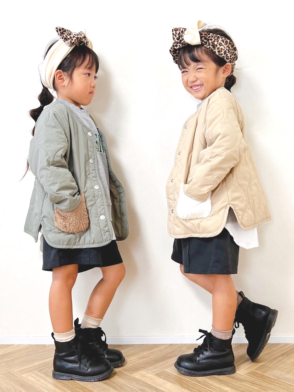 「キッズファッション、女の子コーデ、カジュアル、おでかけコーデ、韓国子供服、着回しコーデ、5歳、プチプラ、韓国ファッション、ジャケット」｜「elmo shopのアイテム（ジャケット/アウター、グリーン系）」を使った、monarunatwinsさん（キッズ・110cm）の冬コーディネートの1枚目の写真