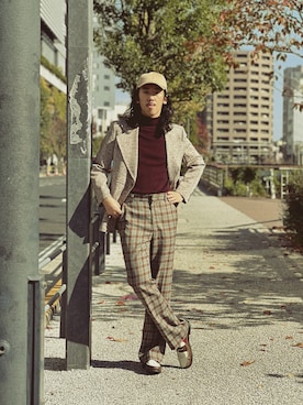 「カシミヤ」｜「アイテム（キャップ）」を使った、RANRANさん（メンズ・185cm）の秋コーディネート